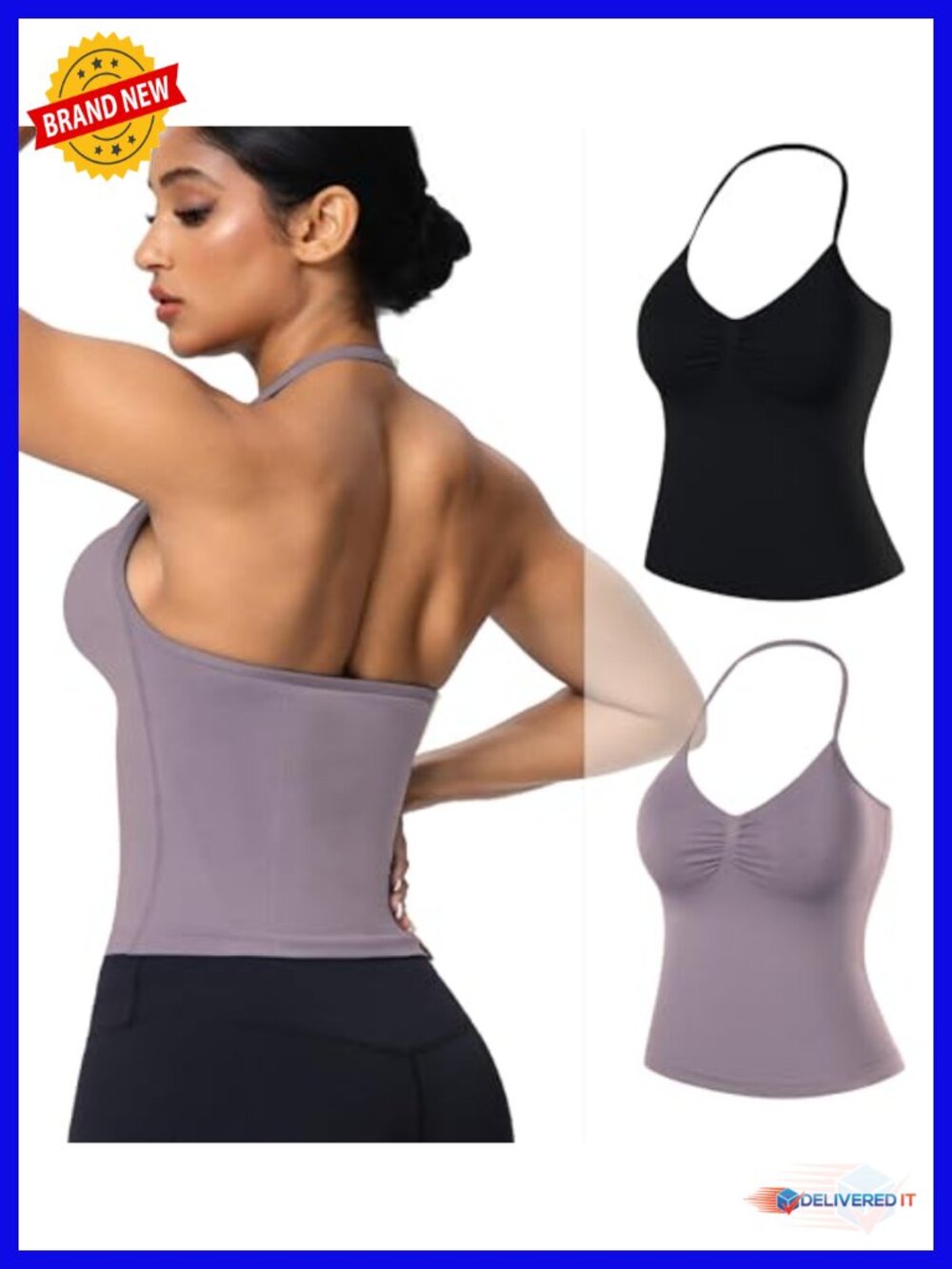 2 Pack Halter Tank with Built in Bra V Neck Strappy Backless Workout Top